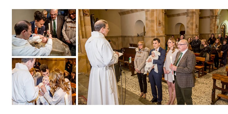 Fotografía de una familia y el cura en el altar durante la celebración de un bautizo en Tarragona
